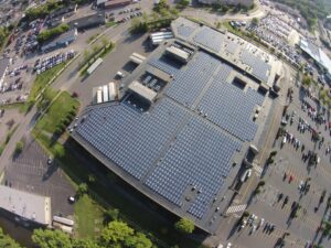 Drone image of a large solar panel installation on a flat roof