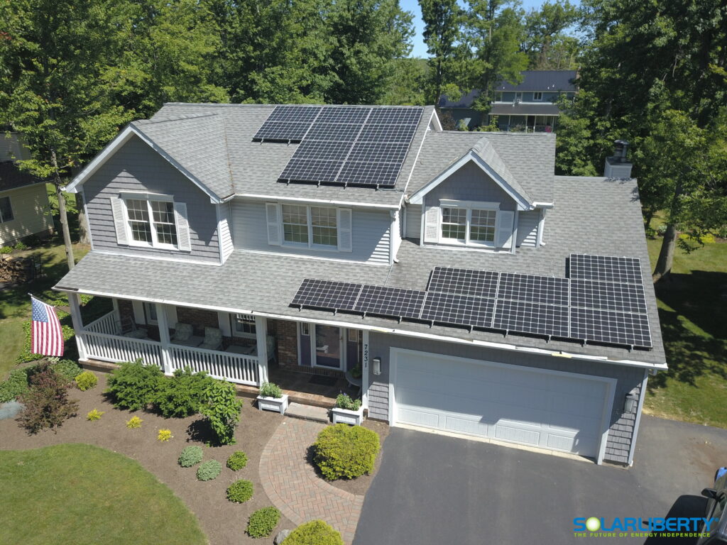Solar panels installed on a gray rooftop