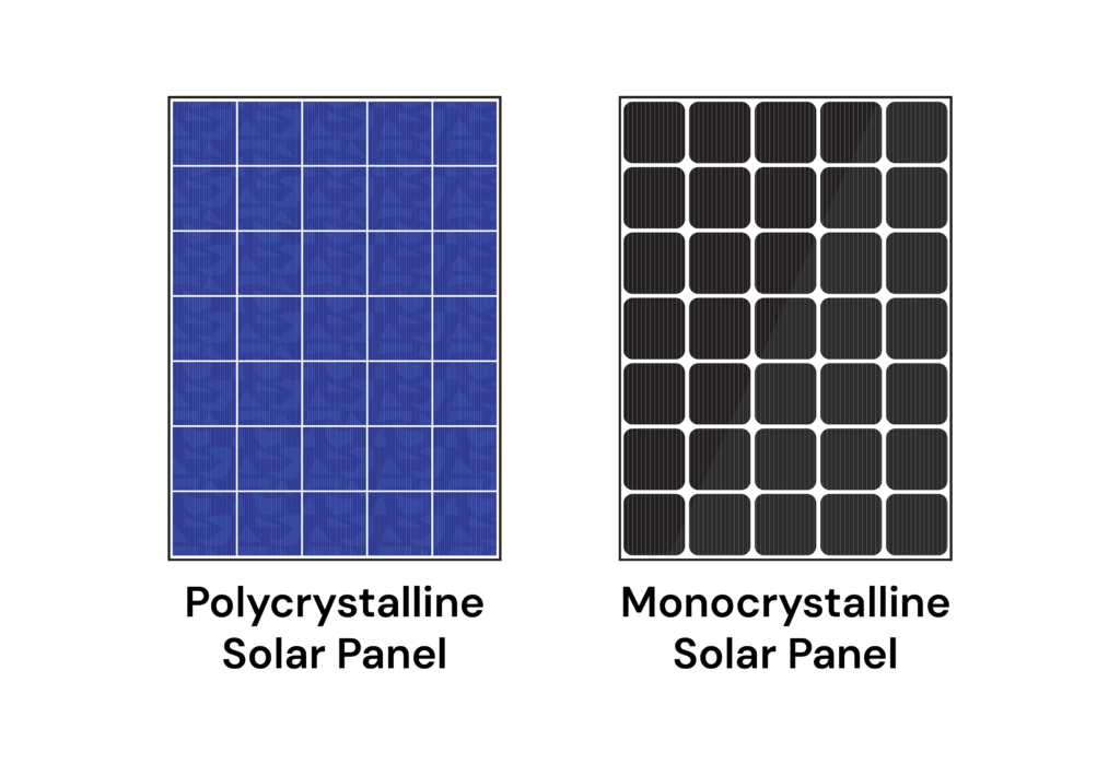 Illustration of a polycrystalline blue colar panel next to a black monocrystalline solar panel 